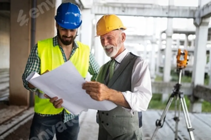 Engineers reviewing blueprints at construction site